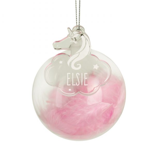 Pink Feather Glass Bauble with Unicorn Tag